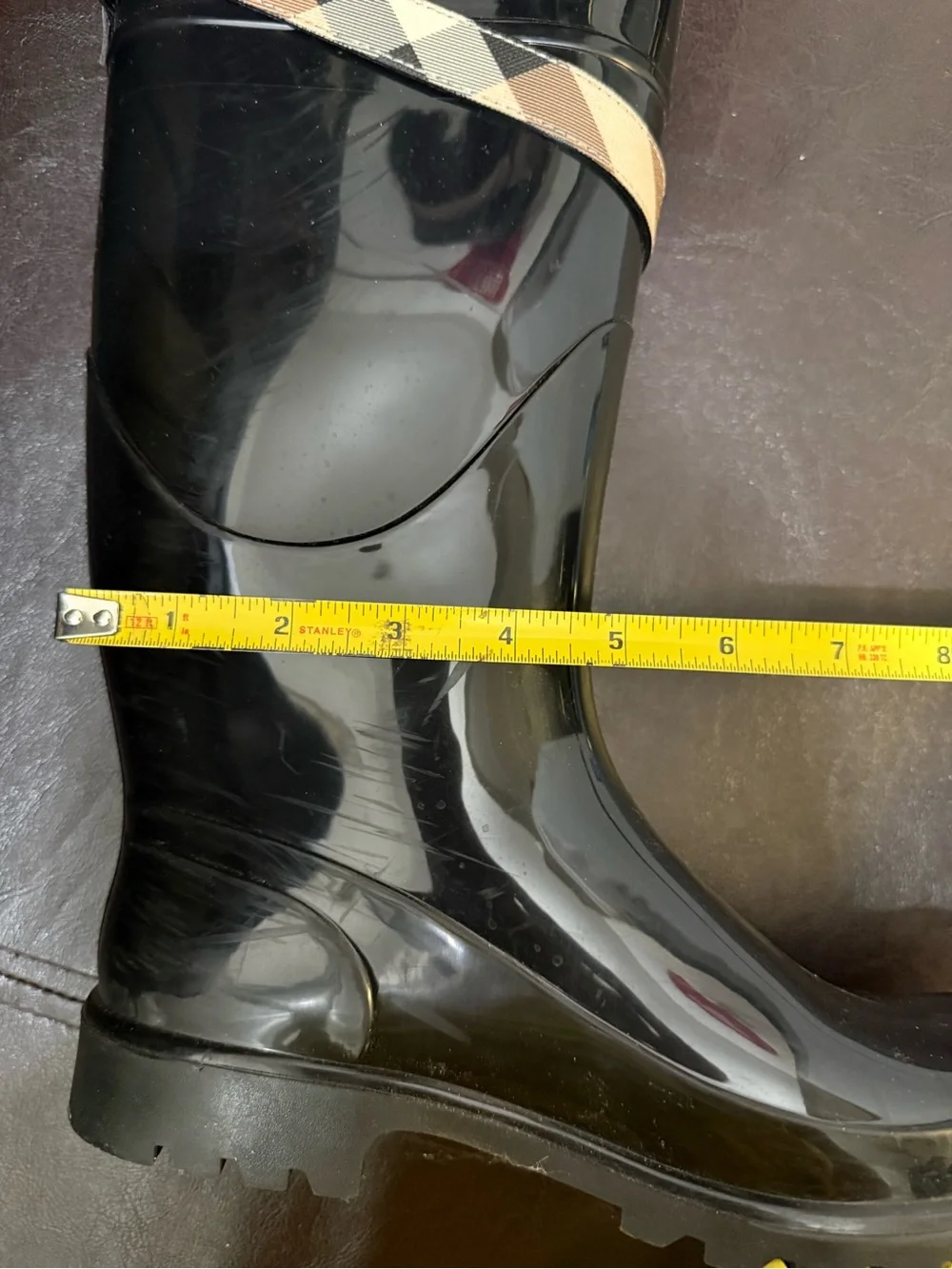 Authentic Burberry Black Rain Boots with Plaid Strap
